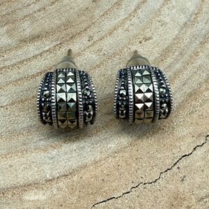 Judith Jack Sterling Silver Marcasite Half Hoop Huggie Earrings Art Deco Style